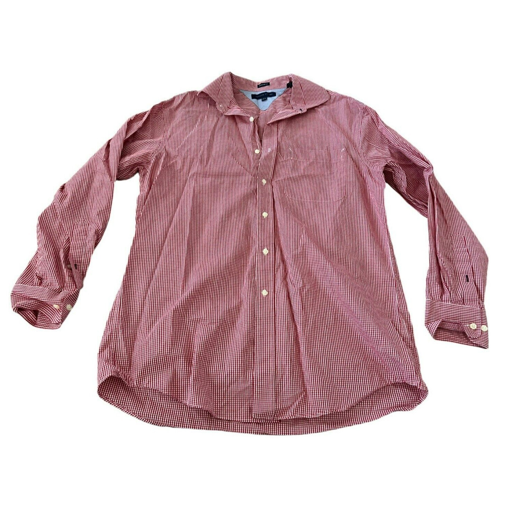 Tommy Hilfiger Dress Shirt Men Size 15.5 32-33 Red Gingham Plaid Checkered Work - Picture 1 of 8